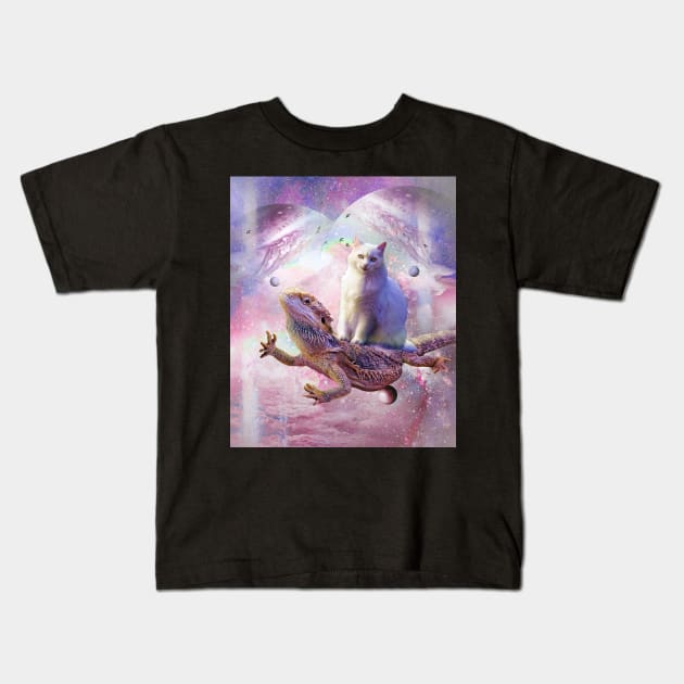 Space Cat Riding Bearded Dragon Lizard Kids T-Shirt by Random Galaxy